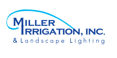 Logo for Miller Irrigation, Inc. and Landscape Lighting features blue text with a curved line on a black background.