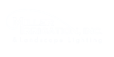 Logo for Miller Irrigation, Inc. featuring landscape lighting. White text on a black background with a stylized arc above the company name.