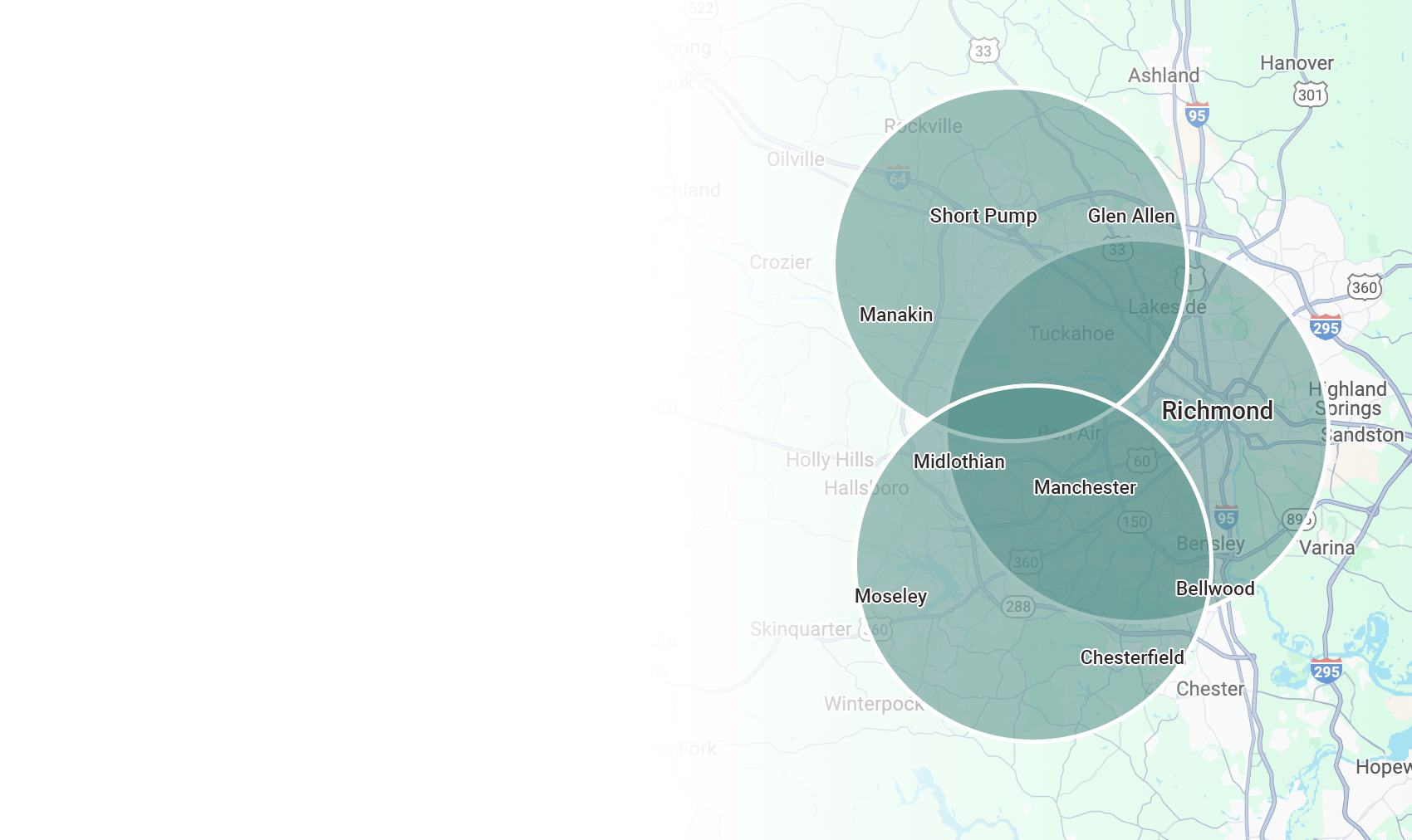 Map highlighting Short Pump, Glen Allen, and Richmond areas. Overlapping circles represent regions. Labeled roads and localities shown for reference.