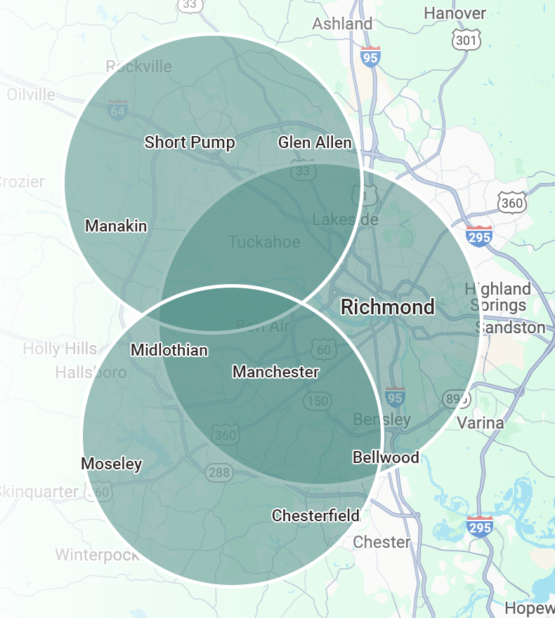 Map highlighting Richmond, Virginia, and surrounding areas like Short Pump and Glen Allen. Circles represent regional coverage, intersecting cities such as Midlothian and Manchester.