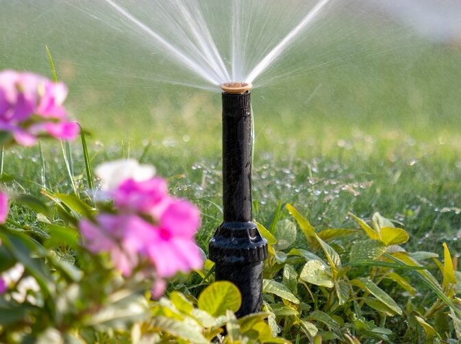 A garden sprinkler waters colorful flowers and grass, creating a vibrant and fresh outdoor scene under the sunlight.