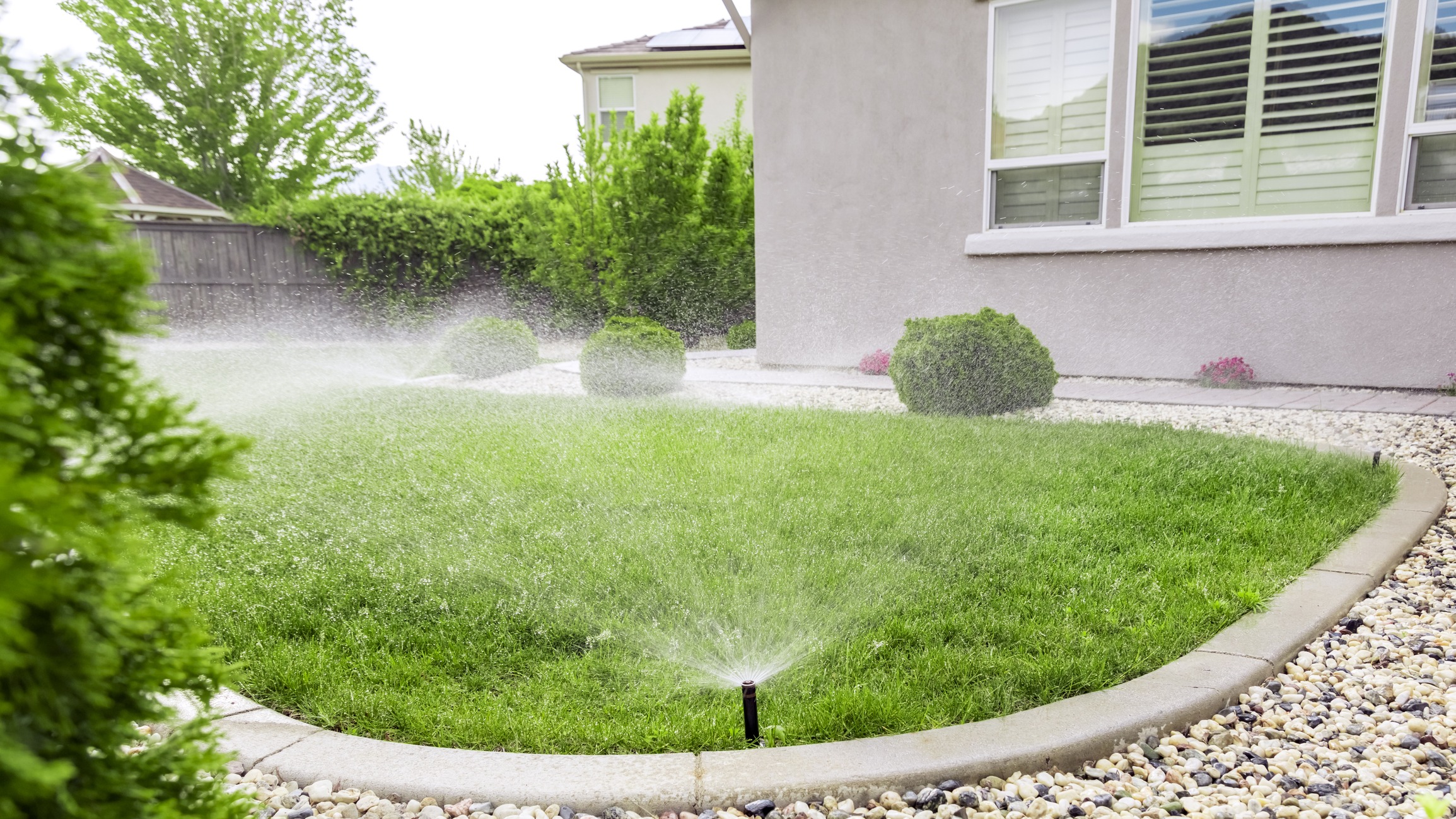 A backyard with a sprinkler watering a well-manicured lawn, bordered by a neat stone walkway and lush greenery, under a partly cloudy sky.