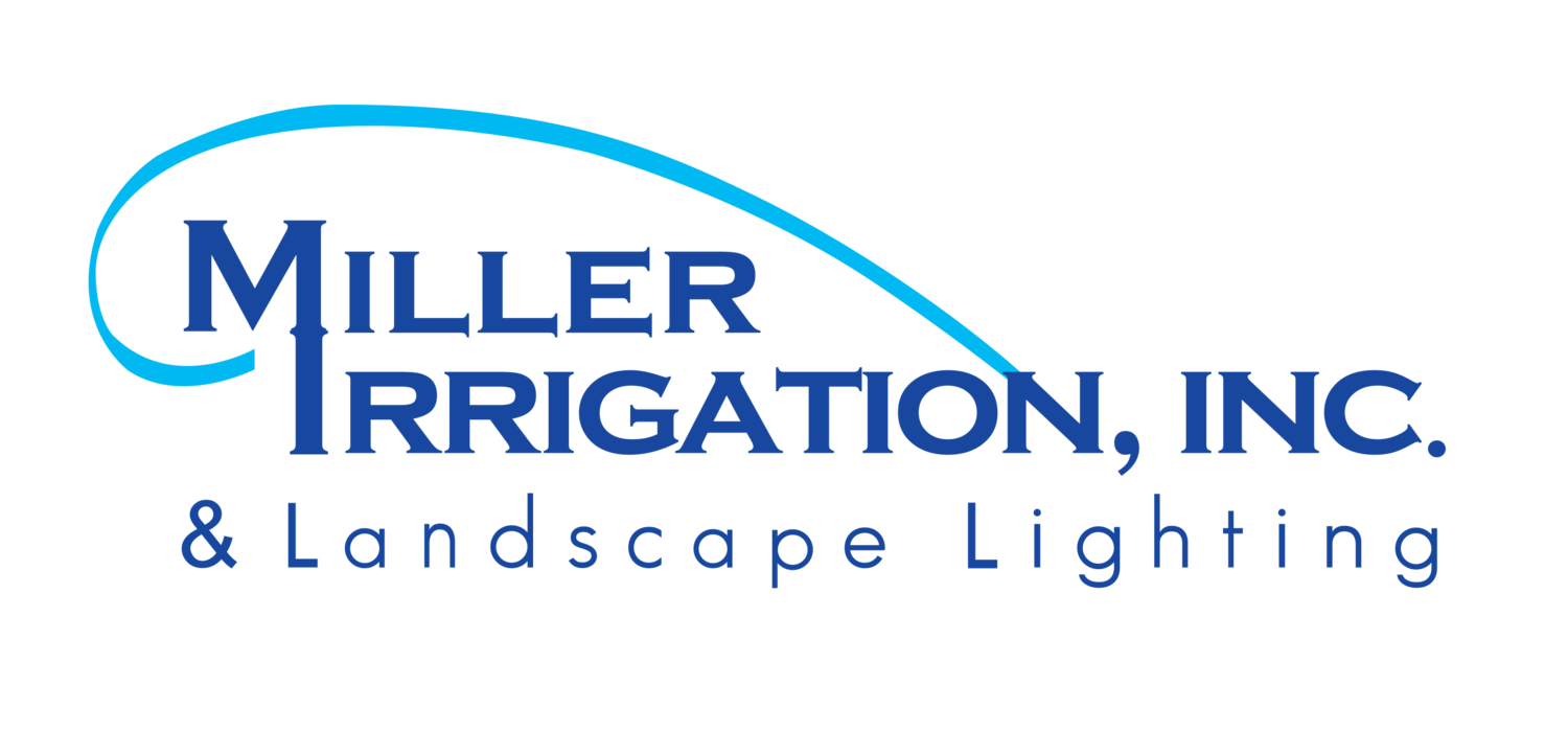 Blue and turquoise logo for "Miller Irrigation, Inc. & Landscape Lighting" on a black background, featuring a stylized water-like curve.